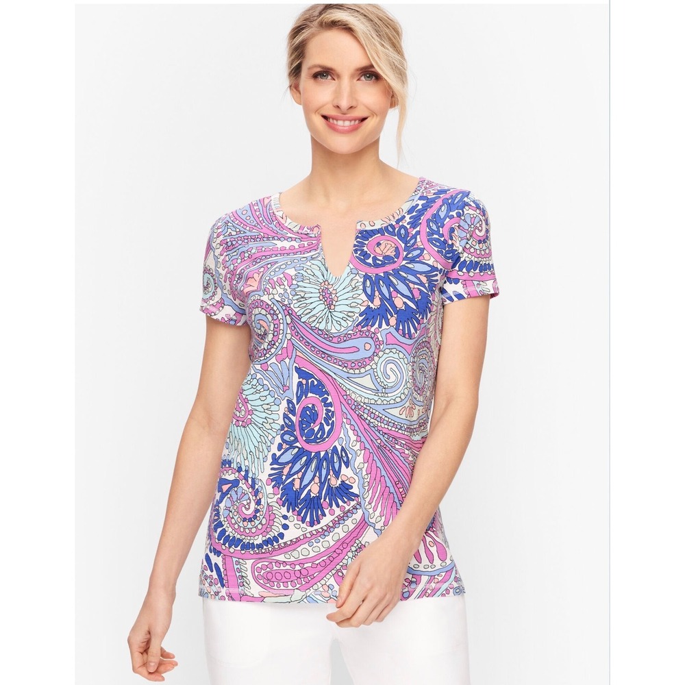 T by Talbots Cap Sleeve Fresh Jersey Tee Size Large Confetti Paisley Activewear